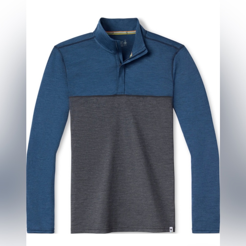 Smartwool. Sport 150 Colorblock. 1/4 Zip. Merino. Poly. Gray. Blue. Men Medium